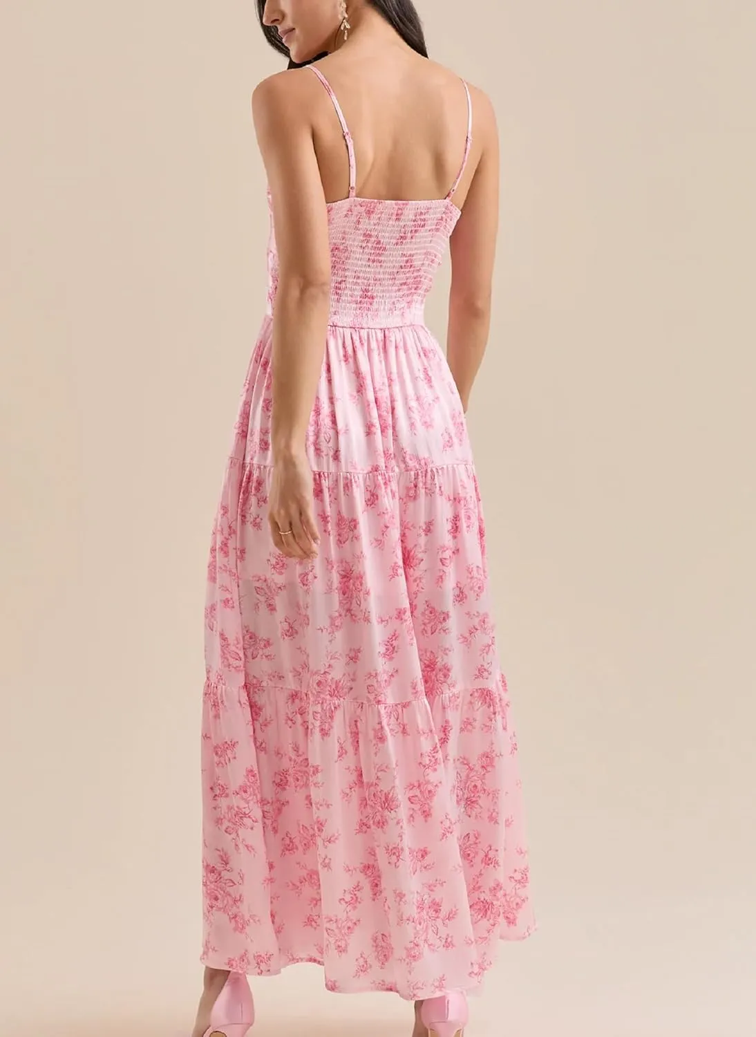 Women Spaghetti Strap V Neck Floral Maxi Dress Sleeveless Flowy Tiered Long Dress Colorful Summer Vocation Sundress