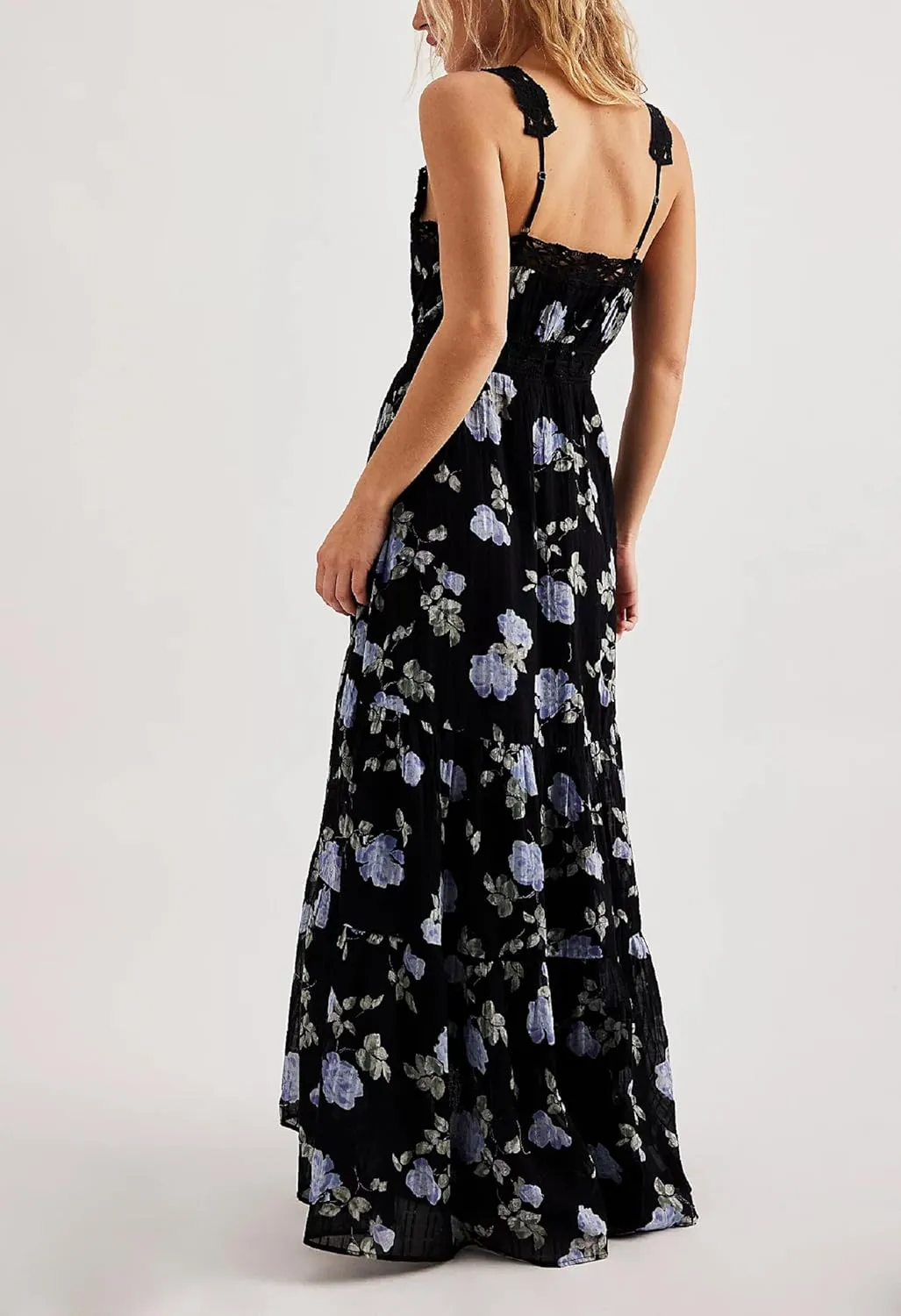 Women Square Neck Sleeveless Boho Floral Maxi Dress Spaghetti Strap Flowy Tiered Long Dresses Beach Strappy Sundress