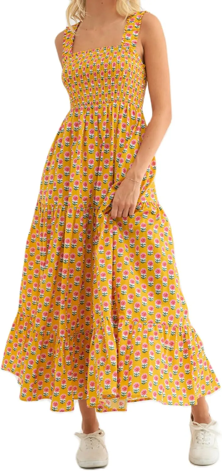 Women Square Neck Sleeveless Boho Floral Maxi Dress Spaghetti Strap Flowy Tiered Long Dresses Beach Strappy Sundress