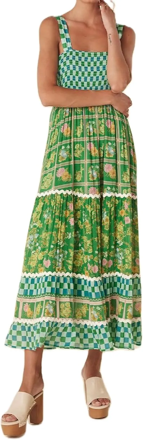 Women Square Neck Sleeveless Boho Floral Maxi Dress Spaghetti Strap Flowy Tiered Long Dresses Beach Strappy Sundress