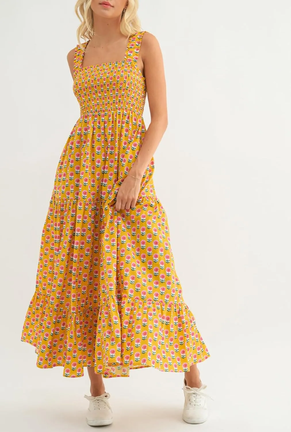 Women Square Neck Sleeveless Boho Floral Maxi Dress Spaghetti Strap Flowy Tiered Long Dresses Beach Strappy Sundress