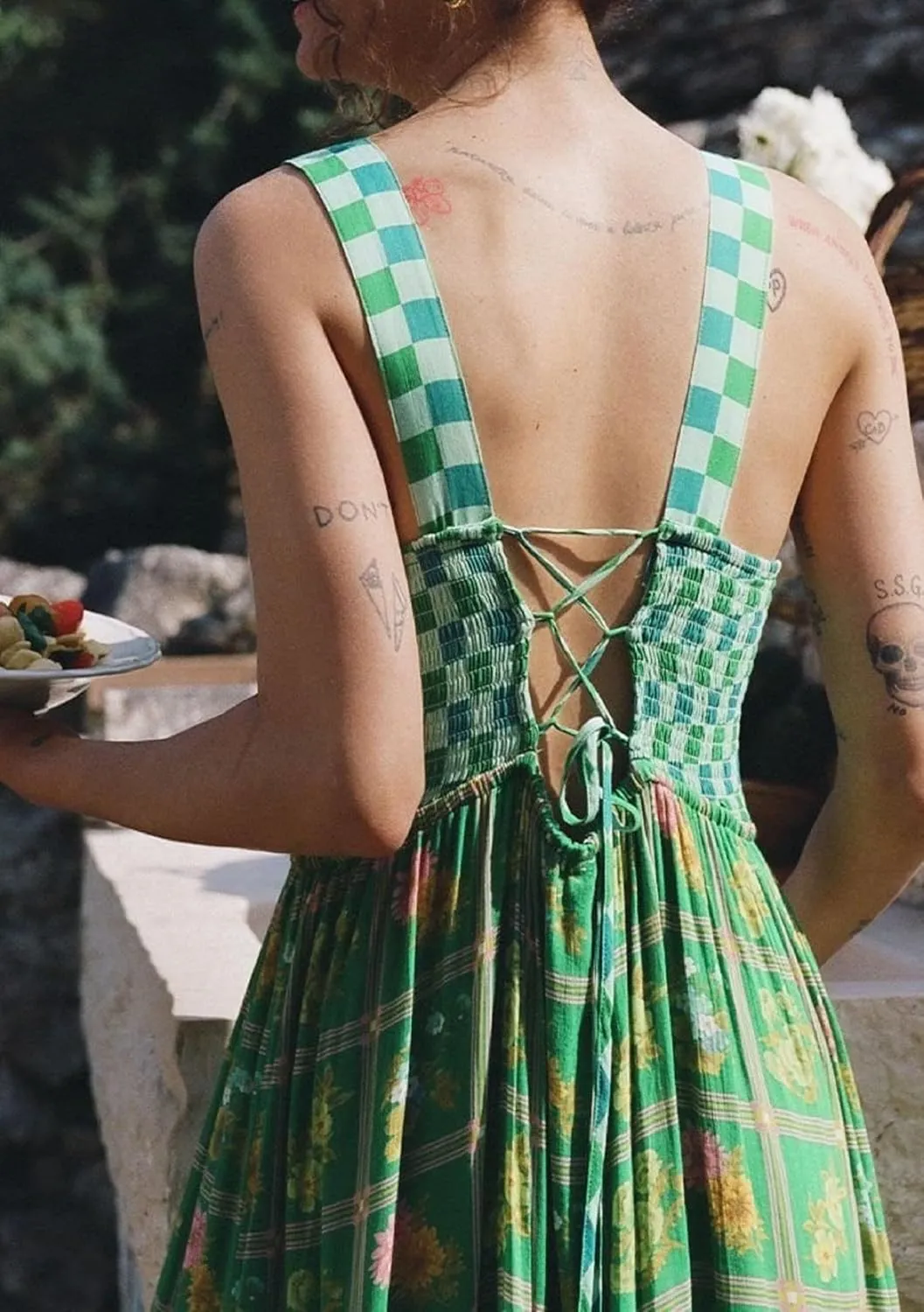 Women Square Neck Sleeveless Boho Floral Maxi Dress Spaghetti Strap Flowy Tiered Long Dresses Beach Strappy Sundress