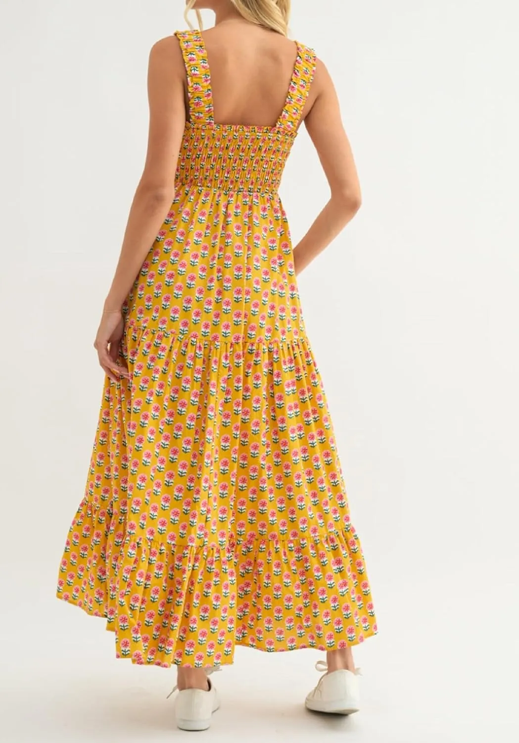 Women Square Neck Sleeveless Boho Floral Maxi Dress Spaghetti Strap Flowy Tiered Long Dresses Beach Strappy Sundress
