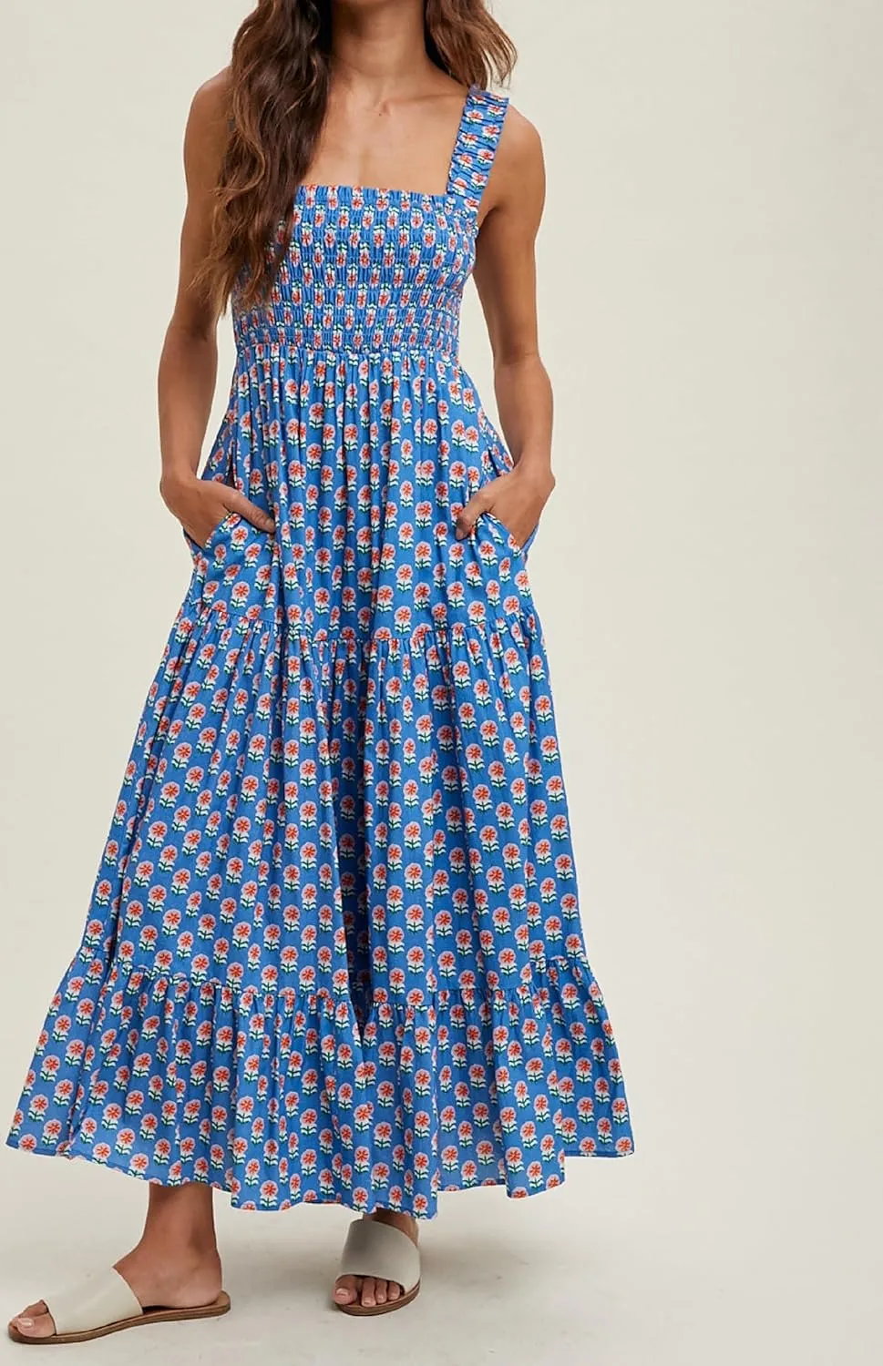 Women Square Neck Sleeveless Boho Floral Maxi Dress Spaghetti Strap Flowy Tiered Long Dresses Beach Strappy Sundress