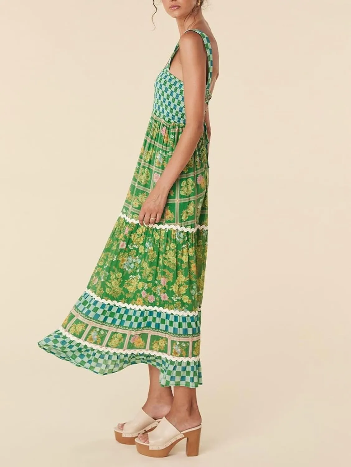 Women Square Neck Sleeveless Boho Floral Maxi Dress Spaghetti Strap Flowy Tiered Long Dresses Beach Strappy Sundress