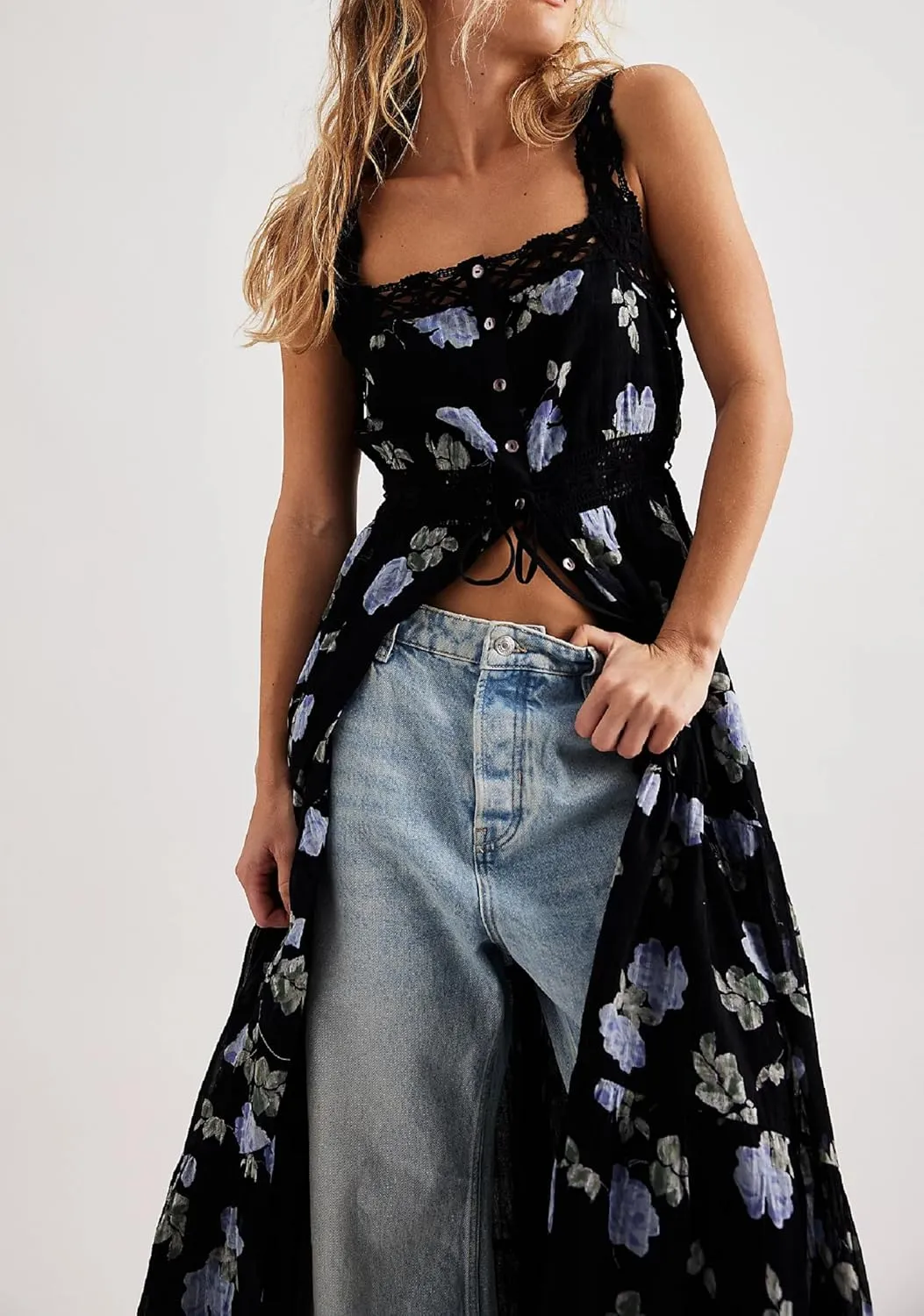 Women Square Neck Sleeveless Boho Floral Maxi Dress Spaghetti Strap Flowy Tiered Long Dresses Beach Strappy Sundress