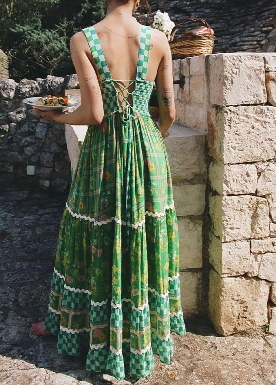 Women Square Neck Sleeveless Boho Floral Maxi Dress Spaghetti Strap Flowy Tiered Long Dresses Beach Strappy Sundress