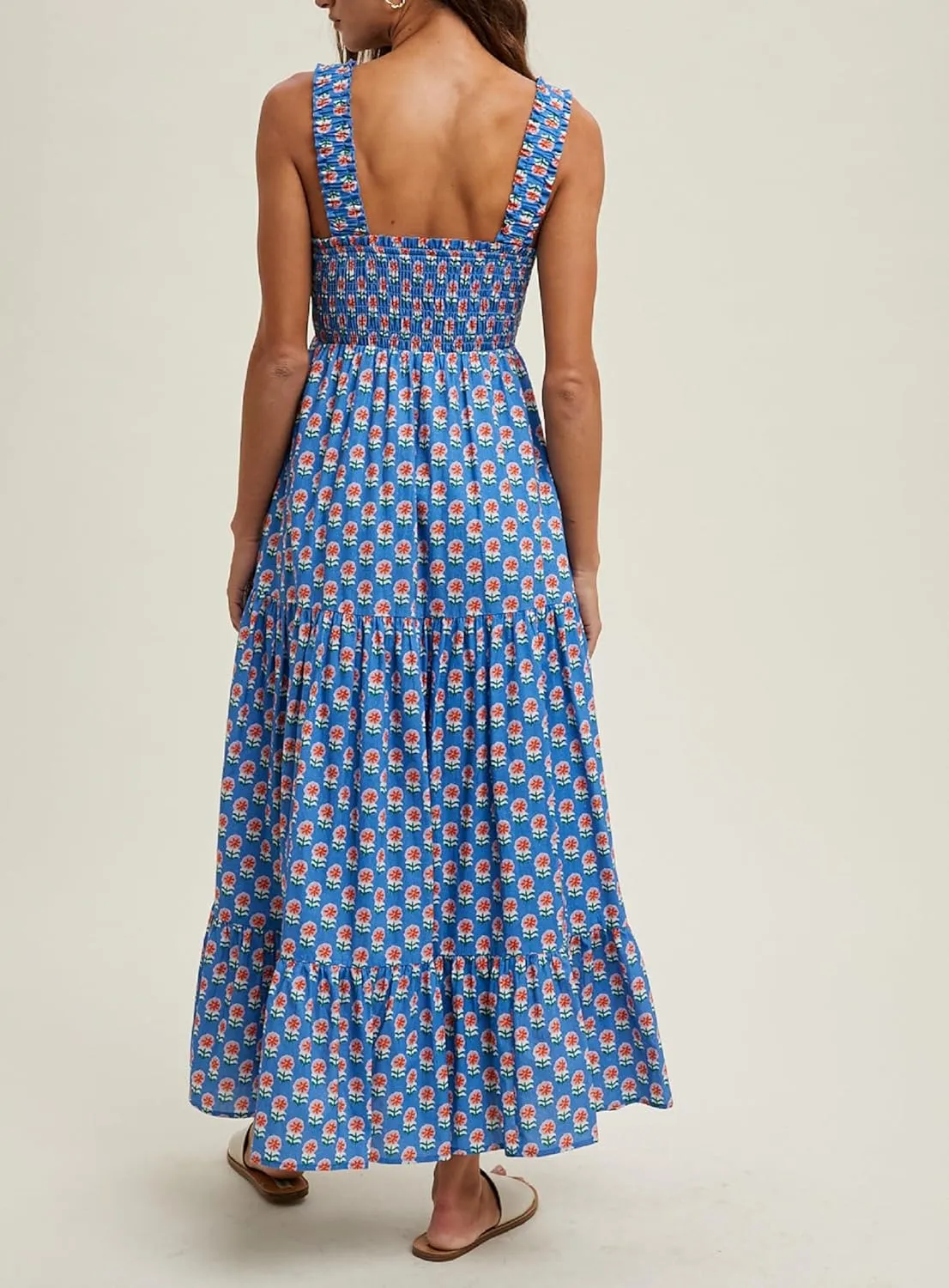Women Square Neck Sleeveless Boho Floral Maxi Dress Spaghetti Strap Flowy Tiered Long Dresses Beach Strappy Sundress