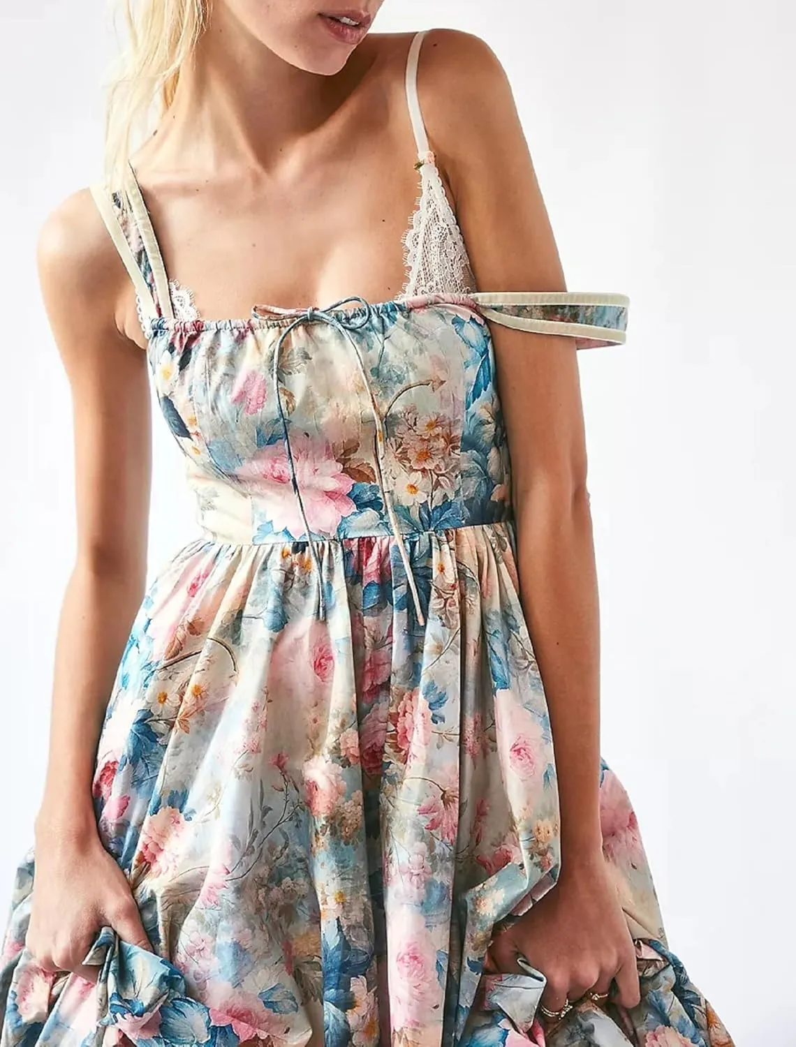 Women Square Neck Sleeveless Boho Floral Maxi Dress Spaghetti Strap Flowy Tiered Long Dresses Beach Strappy Sundress