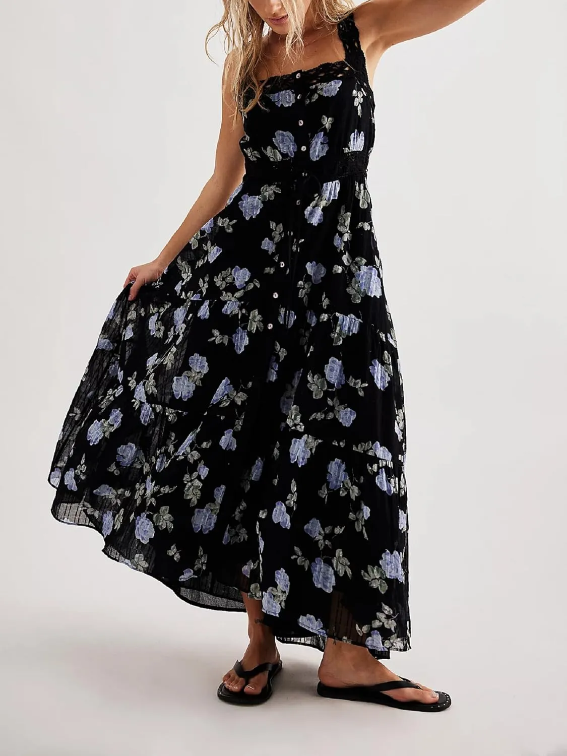 Women Square Neck Sleeveless Boho Floral Maxi Dress Spaghetti Strap Flowy Tiered Long Dresses Beach Strappy Sundress