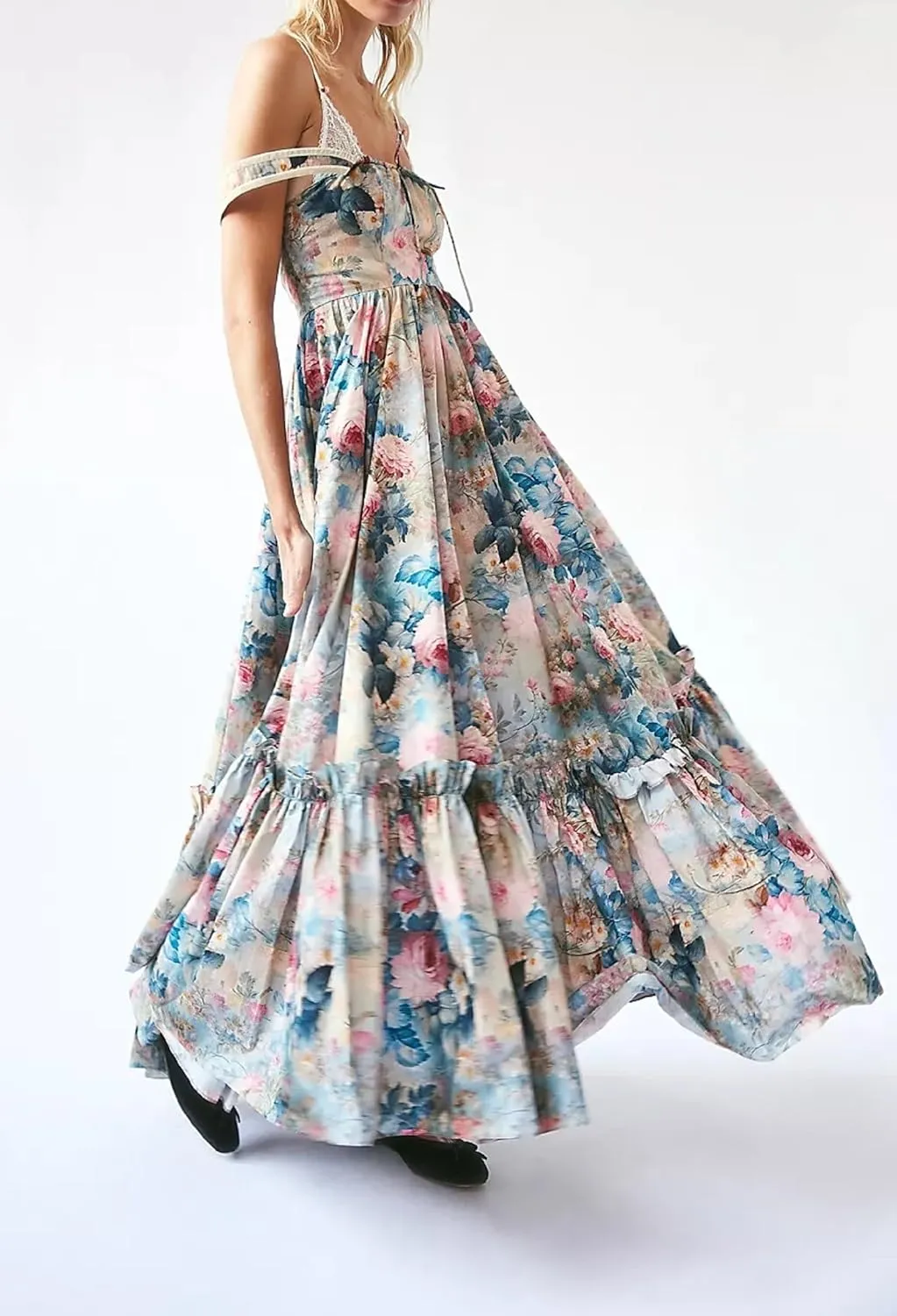 Women Square Neck Sleeveless Boho Floral Maxi Dress Spaghetti Strap Flowy Tiered Long Dresses Beach Strappy Sundress