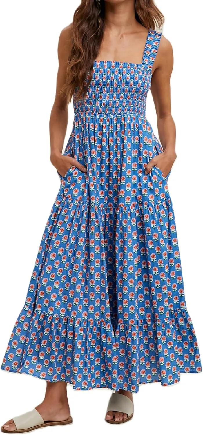 Women Square Neck Sleeveless Boho Floral Maxi Dress Spaghetti Strap Flowy Tiered Long Dresses Beach Strappy Sundress