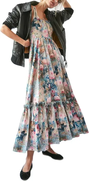 Women Square Neck Sleeveless Boho Floral Maxi Dress Spaghetti Strap Flowy Tiered Long Dresses Beach Strappy Sundress