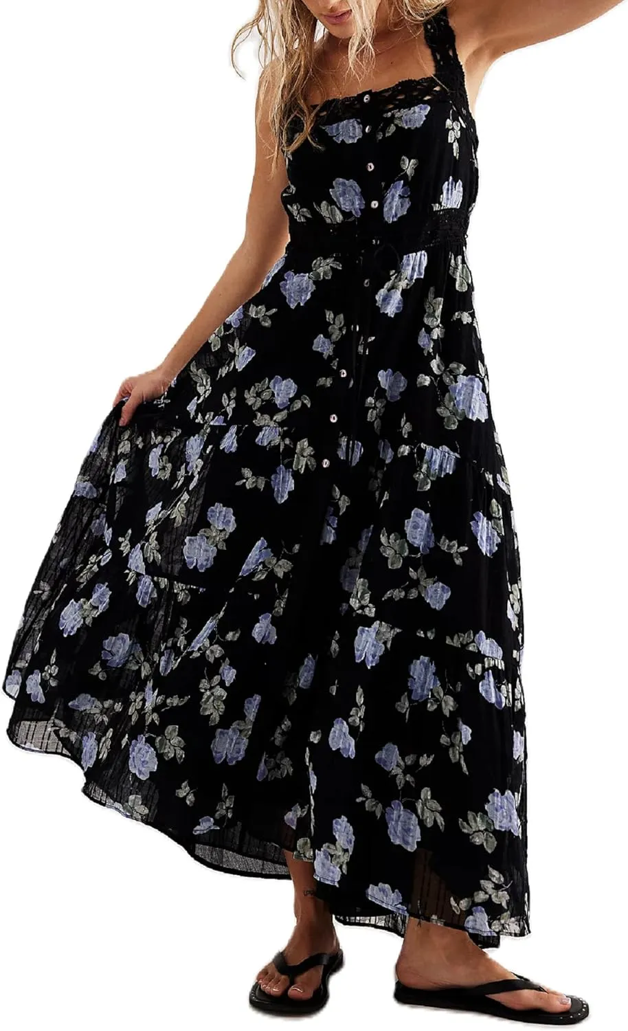 Women Square Neck Sleeveless Boho Floral Maxi Dress Spaghetti Strap Flowy Tiered Long Dresses Beach Strappy Sundress