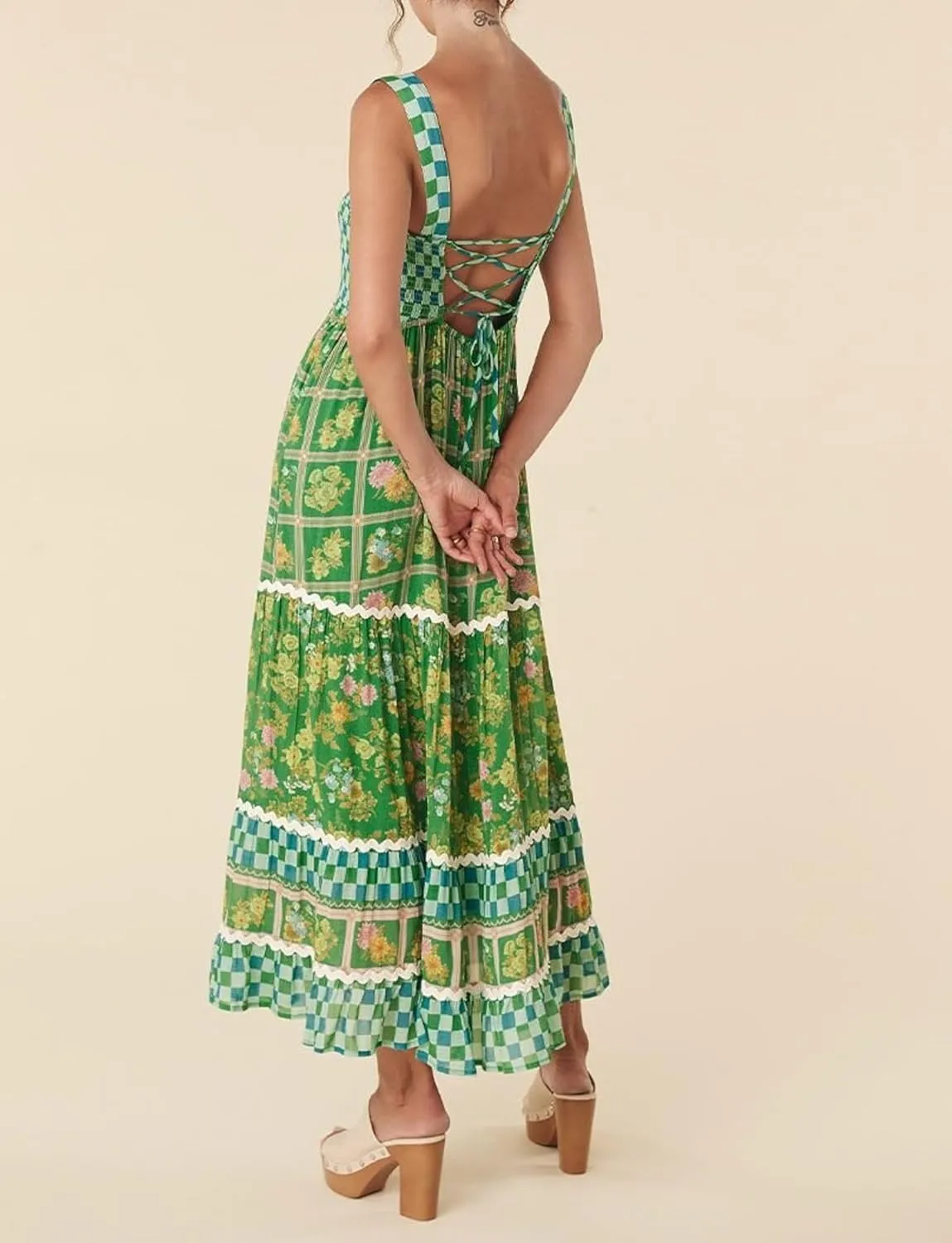Women Square Neck Sleeveless Boho Floral Maxi Dress Spaghetti Strap Flowy Tiered Long Dresses Beach Strappy Sundress