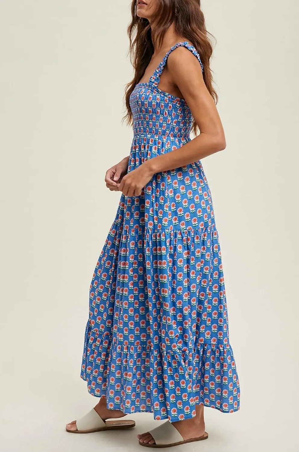 Women Square Neck Sleeveless Boho Floral Maxi Dress Spaghetti Strap Flowy Tiered Long Dresses Beach Strappy Sundress