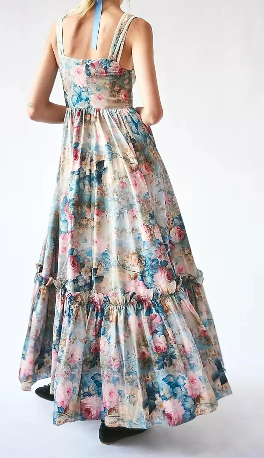 Women Square Neck Sleeveless Boho Floral Maxi Dress Spaghetti Strap Flowy Tiered Long Dresses Beach Strappy Sundress