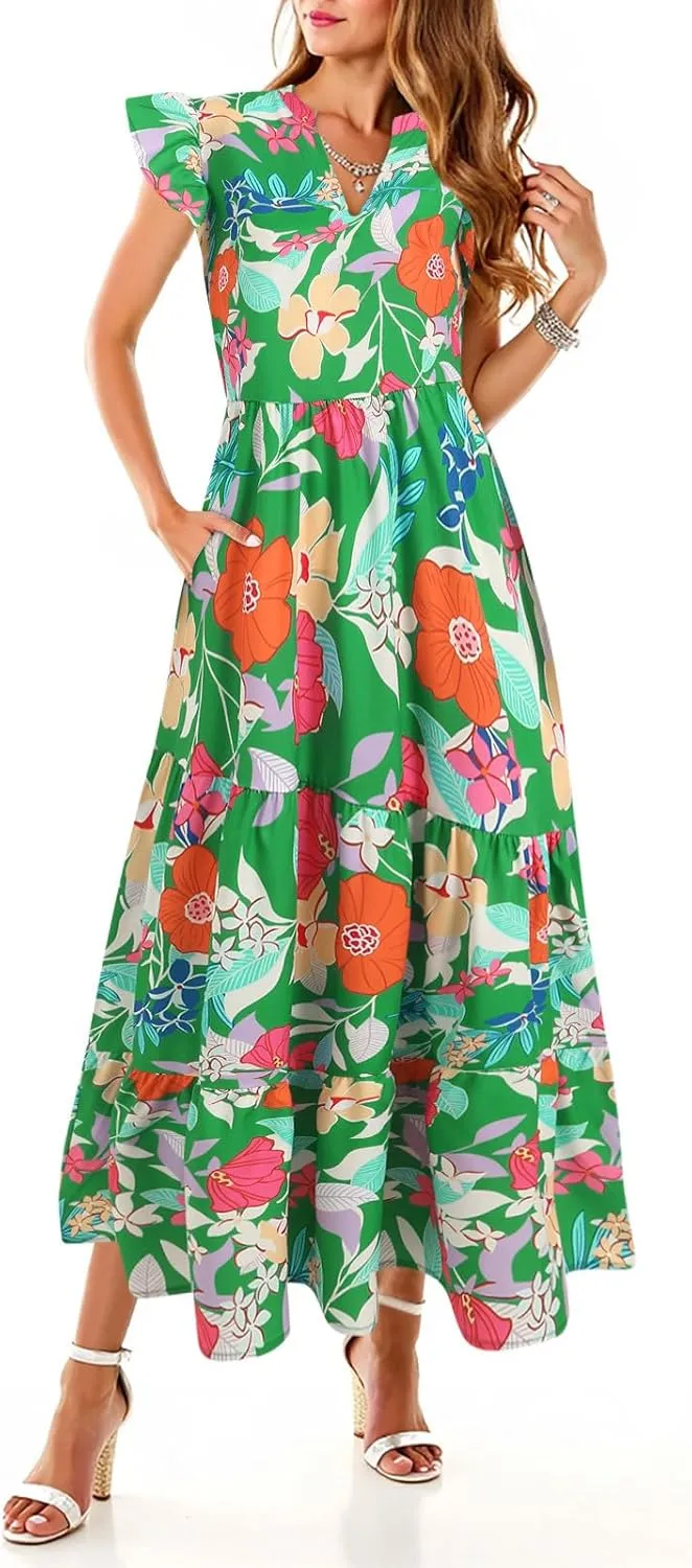 Women Summer 2025 Maxi Dress Vacation Floral Spring Casual Boho Split Beach Long Flowy Sundress Maxi Dress
