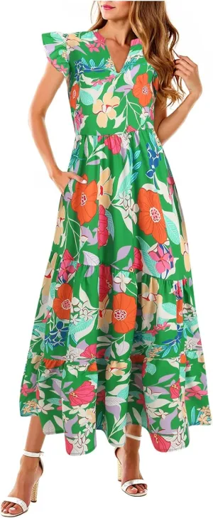 Women Summer 2025 Maxi Dress Vacation Floral Spring Casual Boho Split Beach Long Flowy Sundress Maxi Dress
