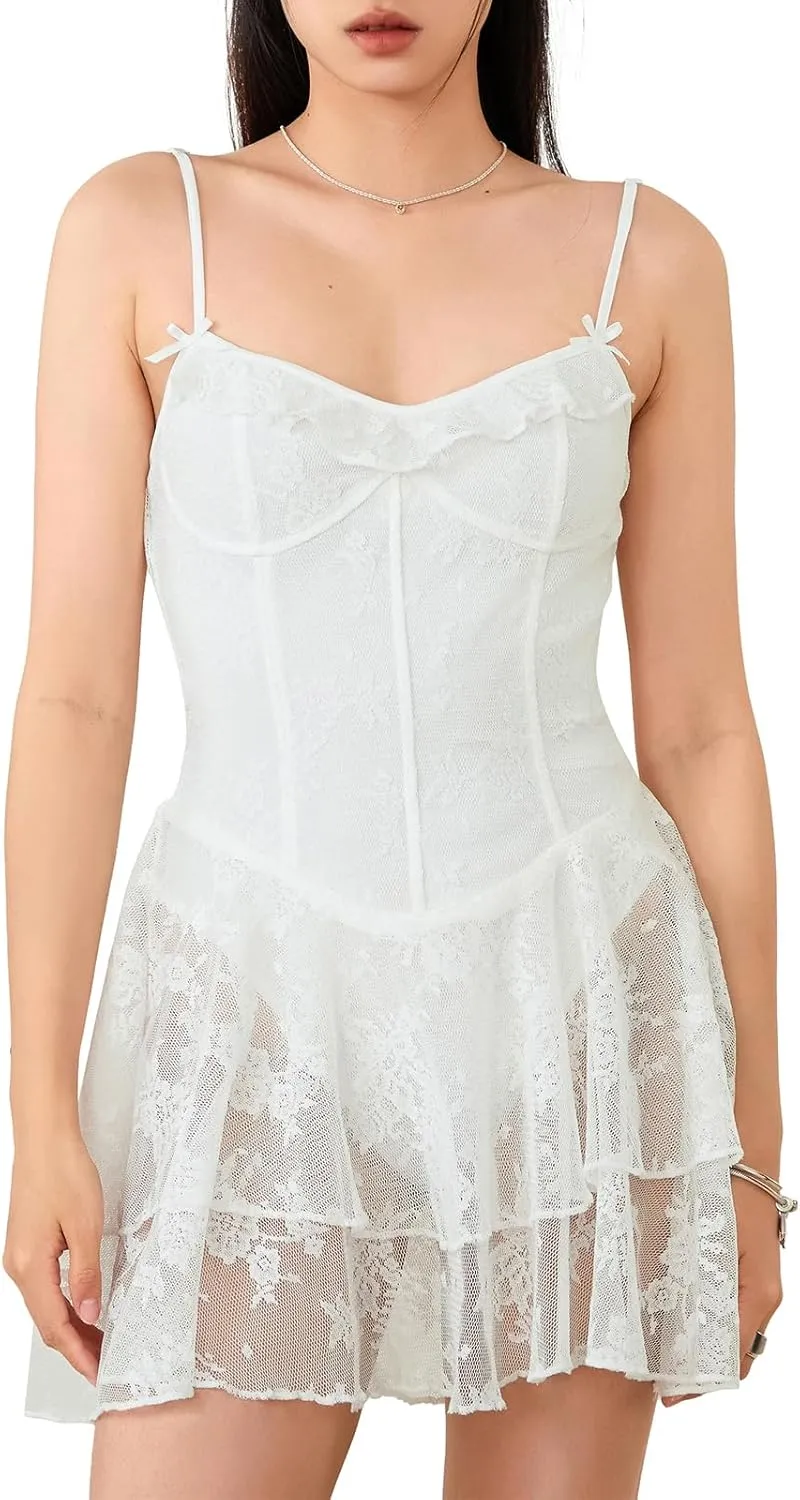 Women Summer Lace Cami Strapless Mini Dress Sleeveless Backless Lace Floral Tiered Ruffle Hem Party Dress