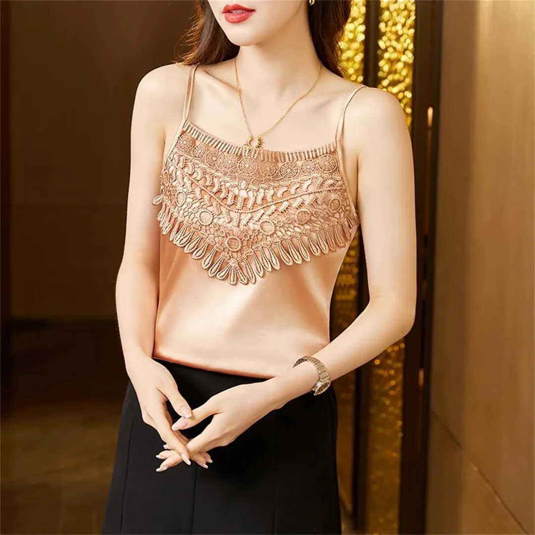 Women Summer Silk Floral Satin Elegant Blouses Hollow Sexy Tank Tops Camisole Slim Solid Tops