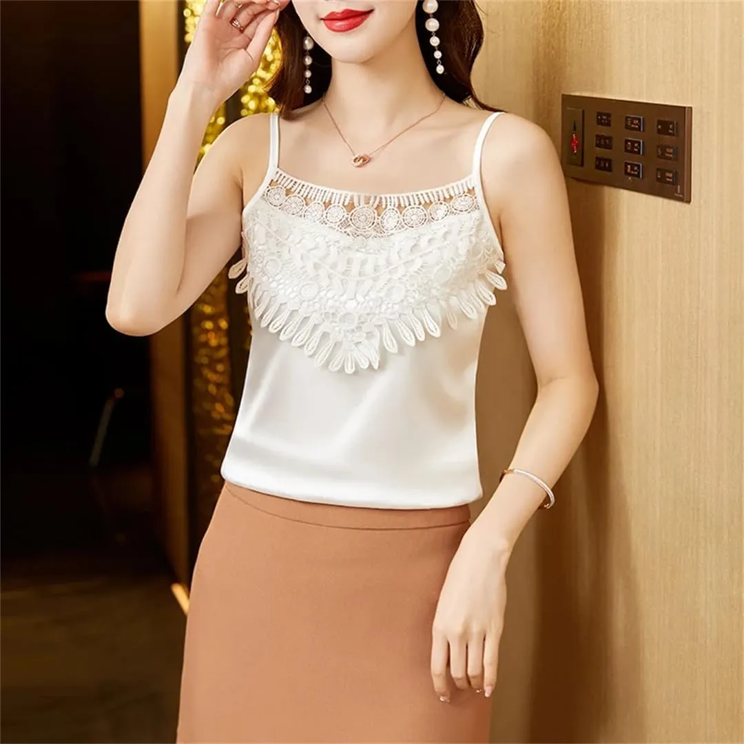 Women Summer Silk Floral Satin Elegant Blouses Hollow Sexy Tank Tops Camisole Slim Solid Tops