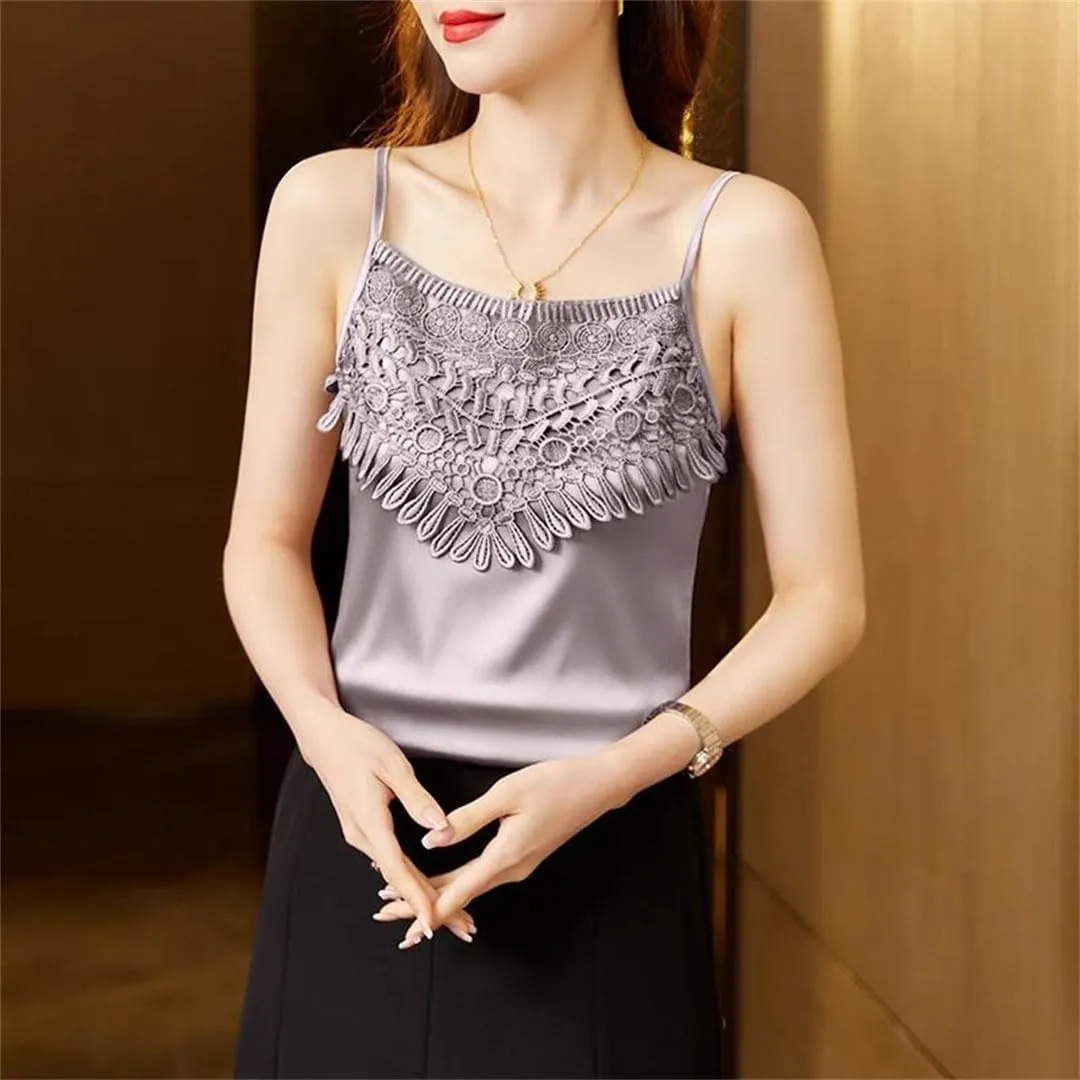 Women Summer Silk Floral Satin Elegant Blouses Hollow Sexy Tank Tops Camisole Slim Solid Tops