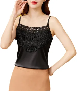 Women Summer Silk Floral Satin Elegant Blouses Hollow Sexy Tank Tops Camisole Slim Solid Tops