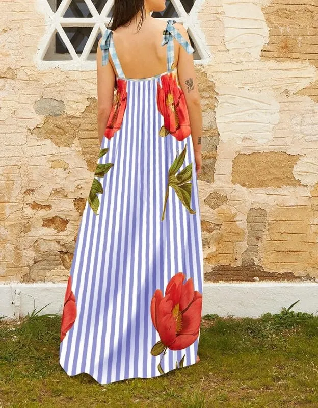 Women Tie Shoulder Floral Boho Maxi Dress Sleeveless Flowy Tiered A Line Dress Summer Vocation Graffiti Beach Sundress