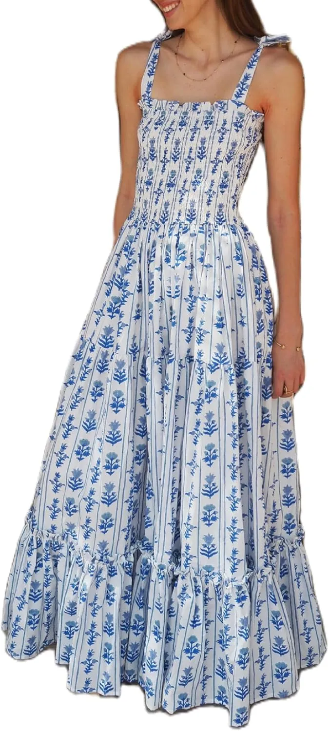Women Tie Shoulder Graphic Boho Maxi Dress Sleeveless Flowy Tiered A Line Dress Summer Vocation Graffiti Sundress