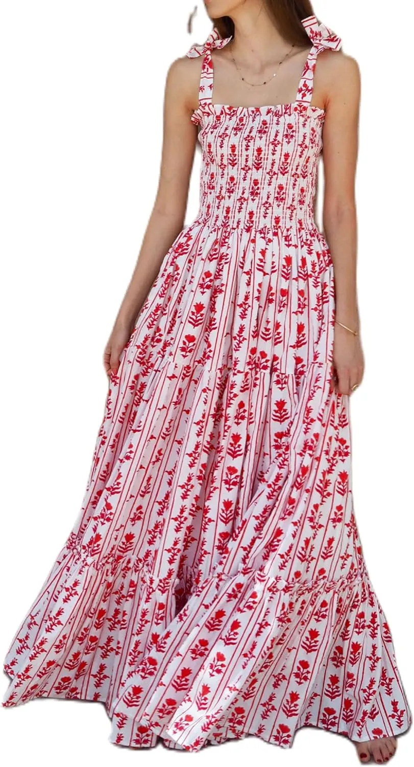 Women Tie Shoulder Graphic Boho Maxi Dress Sleeveless Flowy Tiered A Line Dress Summer Vocation Graffiti Sundress