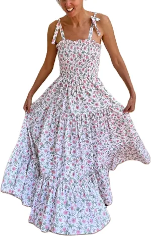 Women Tie Shoulder Graphic Boho Maxi Dress Sleeveless Flowy Tiered A Line Dress Summer Vocation Graffiti Sundress