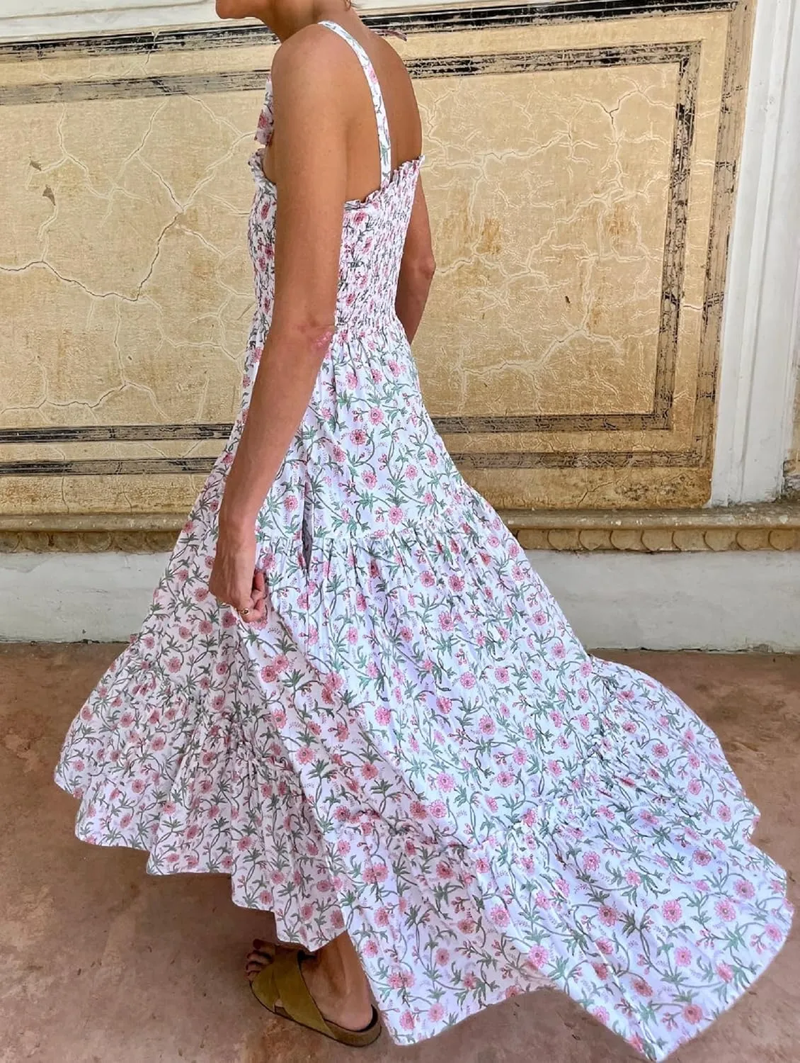 Women Tie Shoulder Graphic Boho Maxi Dress Sleeveless Flowy Tiered A Line Dress Summer Vocation Graffiti Sundress