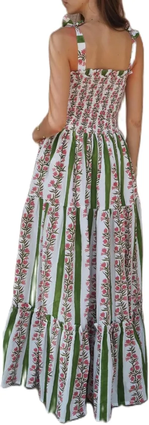 Women Tie Shoulder Graphic Boho Maxi Dress Sleeveless Flowy Tiered A Line Dress Summer Vocation Graffiti Sundress