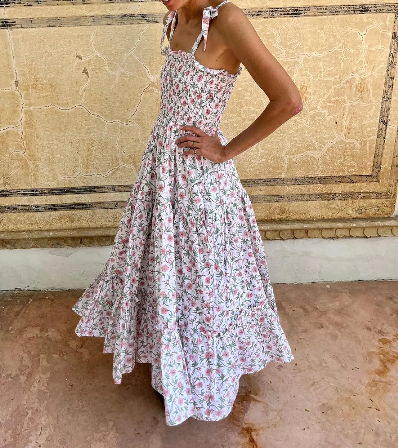 Women Tie Shoulder Graphic Boho Maxi Dress Sleeveless Flowy Tiered A Line Dress Summer Vocation Graffiti Sundress