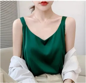 Women V-Neck Satin Camisole Spring Solid Color Sleeveless Cami Bottoming Vest Summer Basic Tanks
