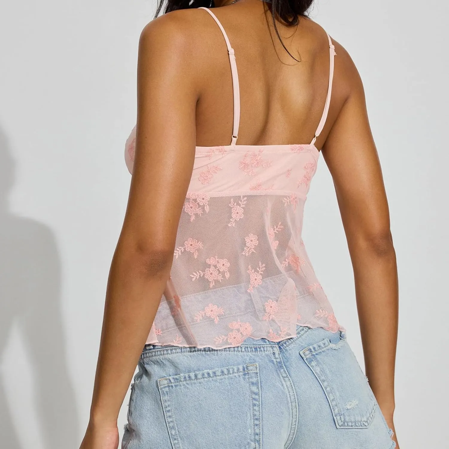 Women Y2k Floral Mesh Cami Vintage Layered Ruffle Hem Lace Camisoles Sleeveless V Neck Spaghetti Strap Sexy Tank Top