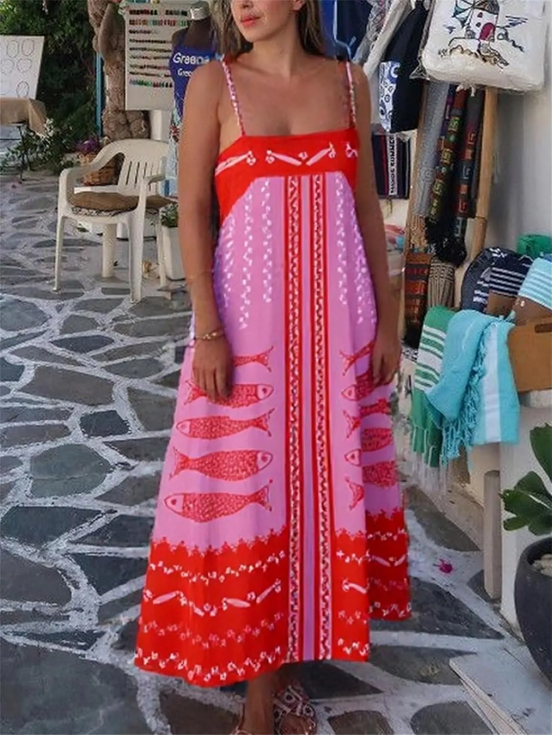 Women Y2K Summer Flowy Swing Dresses Fairycore Spaghetti Strap Smocked Maxi Dress Casual Boho Beach Sundresses