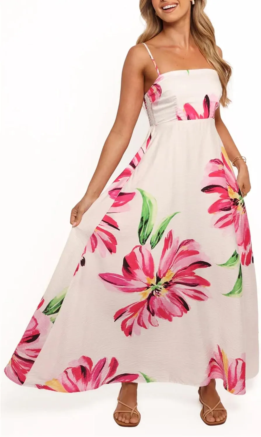 Women Y2K Summer Flowy Swing Dresses Fairycore Spaghetti Strap Smocked Maxi Dress Casual Boho Beach Sundresses