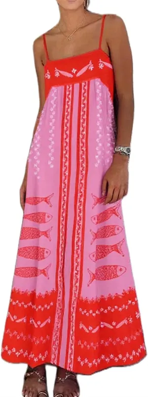 Women Y2K Summer Flowy Swing Dresses Fairycore Spaghetti Strap Smocked Maxi Dress Casual Boho Beach Sundresses