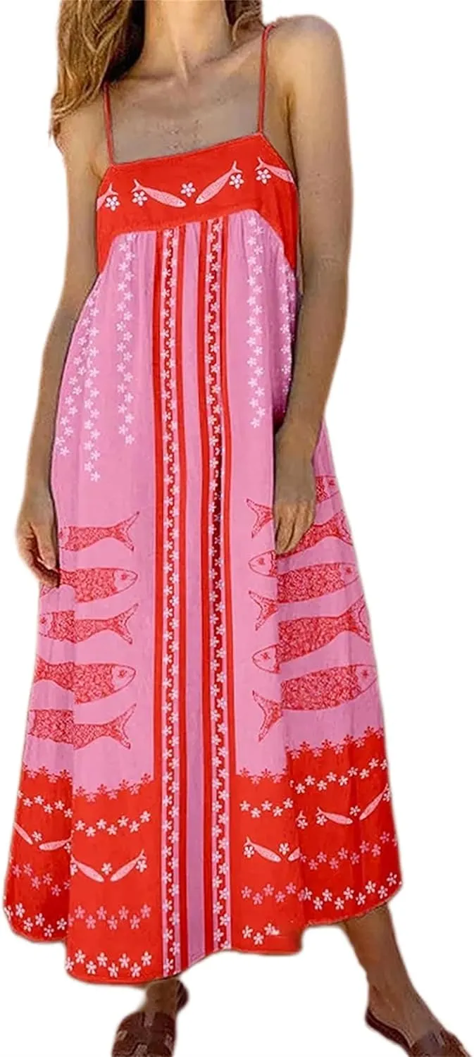 Women Y2K Summer Flowy Swing Dresses Fairycore Spaghetti Strap Smocked Maxi Dress Casual Boho Beach Sundresses