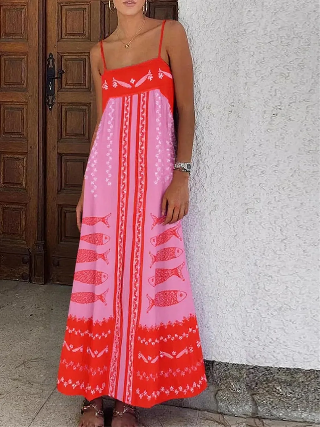 Women Y2K Summer Flowy Swing Dresses Fairycore Spaghetti Strap Smocked Maxi Dress Casual Boho Beach Sundresses