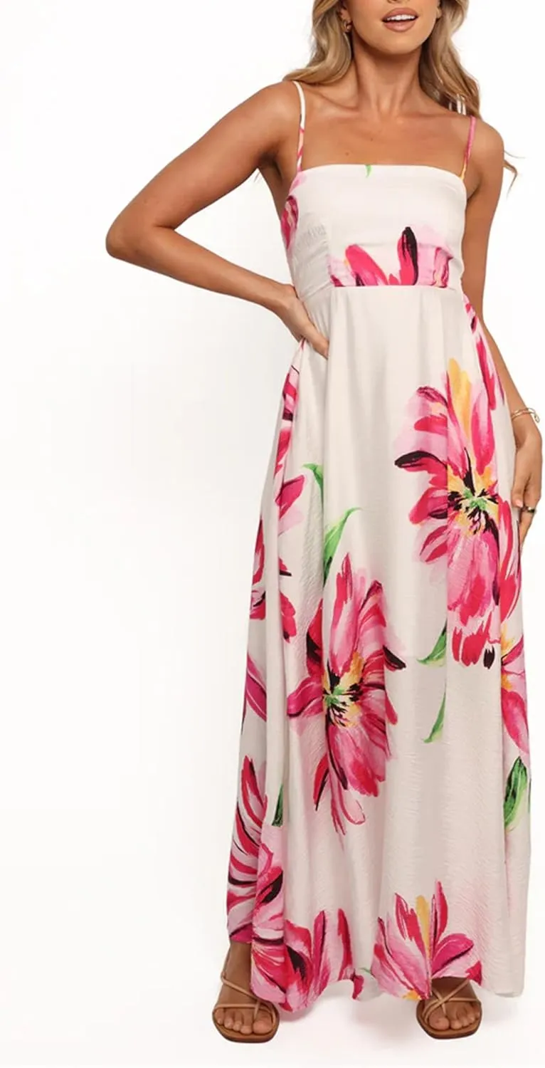Women Y2K Summer Flowy Swing Dresses Fairycore Spaghetti Strap Smocked Maxi Dress Casual Boho Beach Sundresses