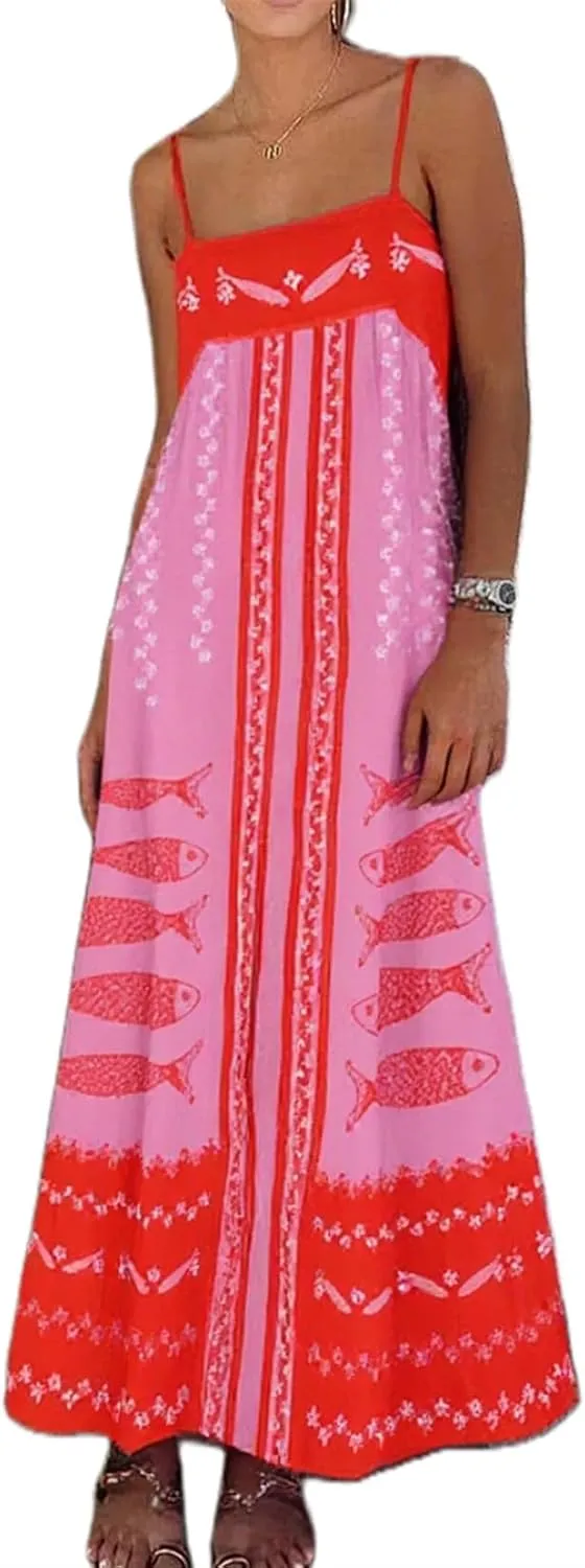 Women Y2K Summer Flowy Swing Dresses Fairycore Spaghetti Strap Smocked Maxi Dress Casual Boho Beach Sundresses