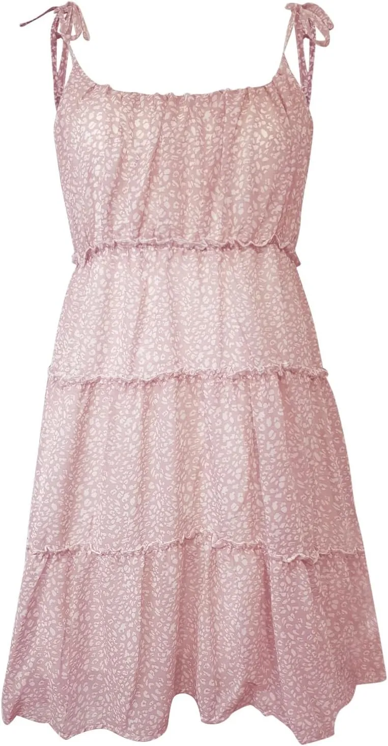 Womens 2024 Summer Floral Mini Dress Boho Flowy Skater Dresses Sleeveless Ruffle Spaghetti Strap A-Line Swing Dress