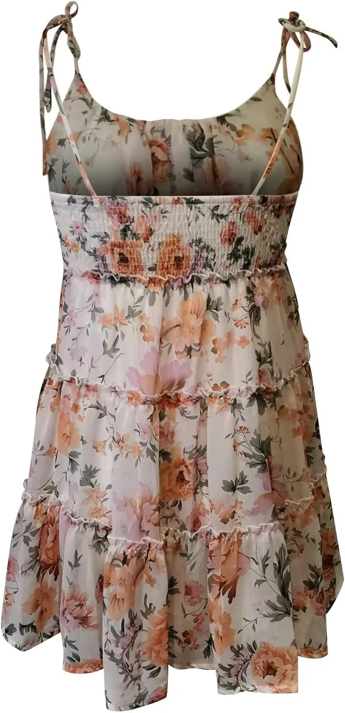 Womens 2024 Summer Floral Mini Dress Boho Flowy Skater Dresses Sleeveless Ruffle Spaghetti Strap A-Line Swing Dress
