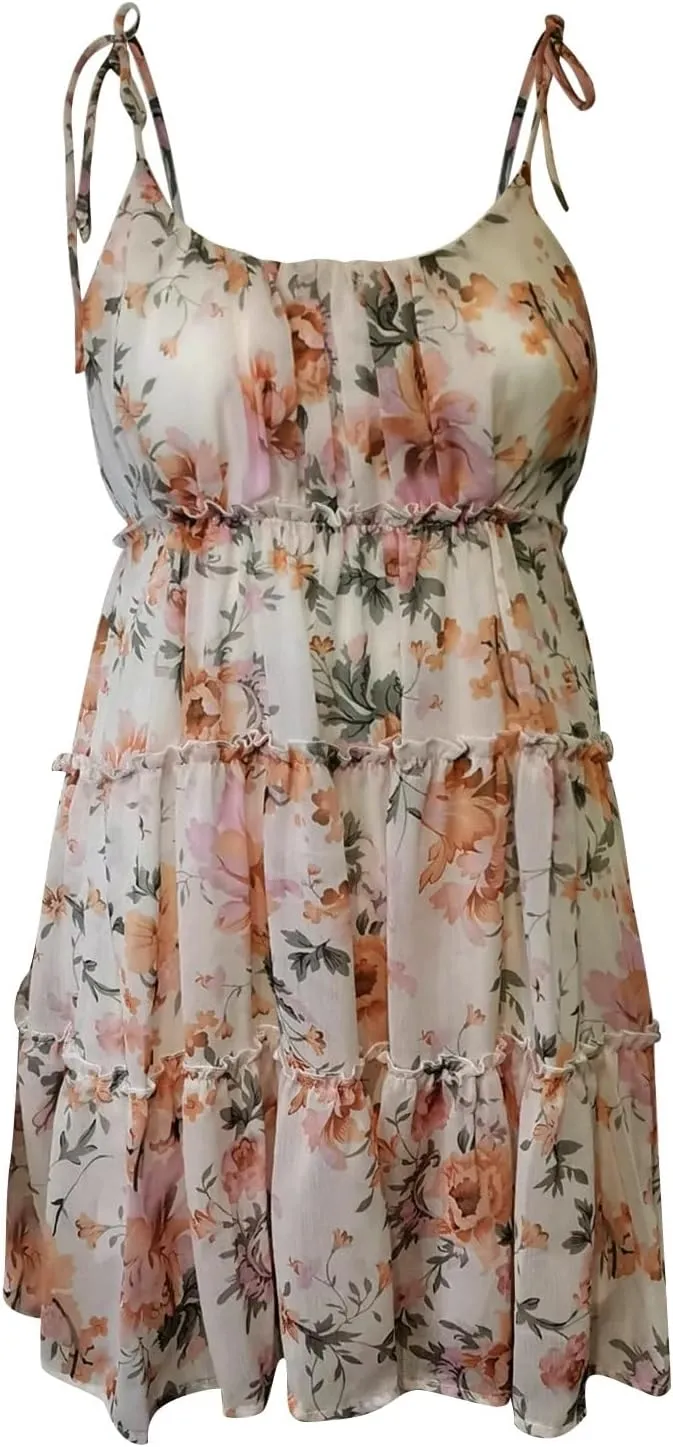Womens 2024 Summer Floral Mini Dress Boho Flowy Skater Dresses Sleeveless Ruffle Spaghetti Strap A-Line Swing Dress