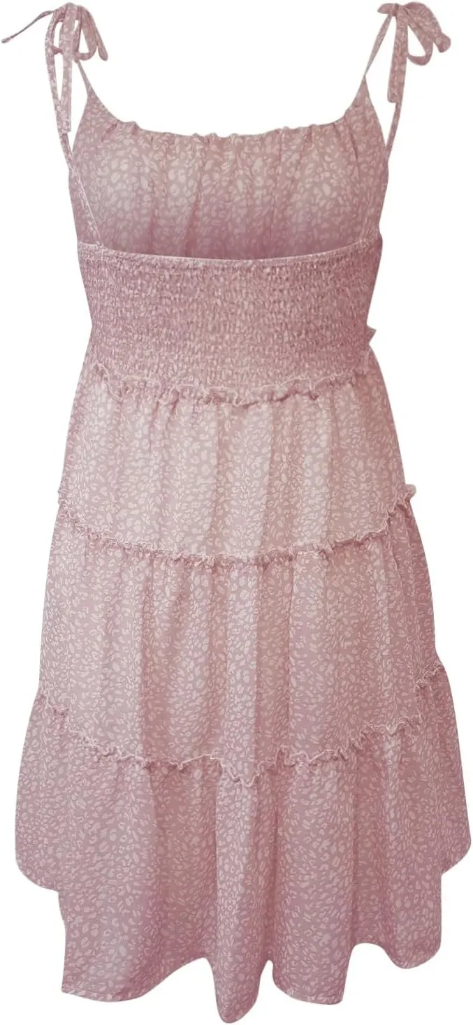 Womens 2024 Summer Floral Mini Dress Boho Flowy Skater Dresses Sleeveless Ruffle Spaghetti Strap A-Line Swing Dress