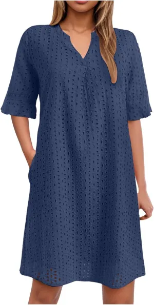 Women's 2025 Summer Short Sleeve Mini Dress V Neck Ruffle Hollow Out Eyelet Lace Dresses