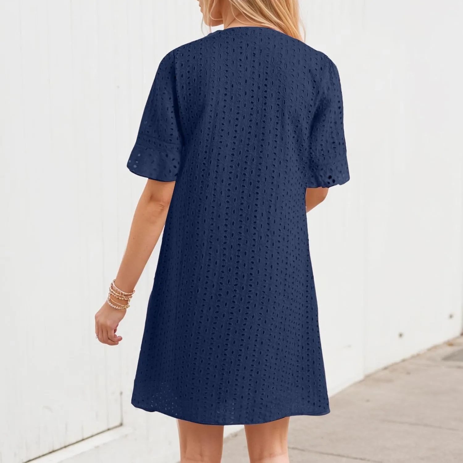 Women's 2025 Summer Short Sleeve Mini Dress V Neck Ruffle Hollow Out Eyelet Lace Dresses